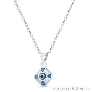 Tiny Evil Eye Charm Glass Bead Pendant in .925 Sterling Silver - Clear Teal Blue